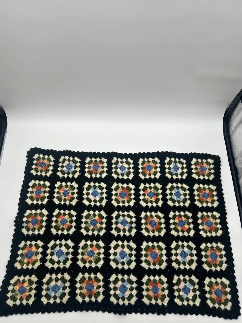 Vintage Crochet Granny Square Afghan Throw Blanket Black Multicolor 39x31 Boho